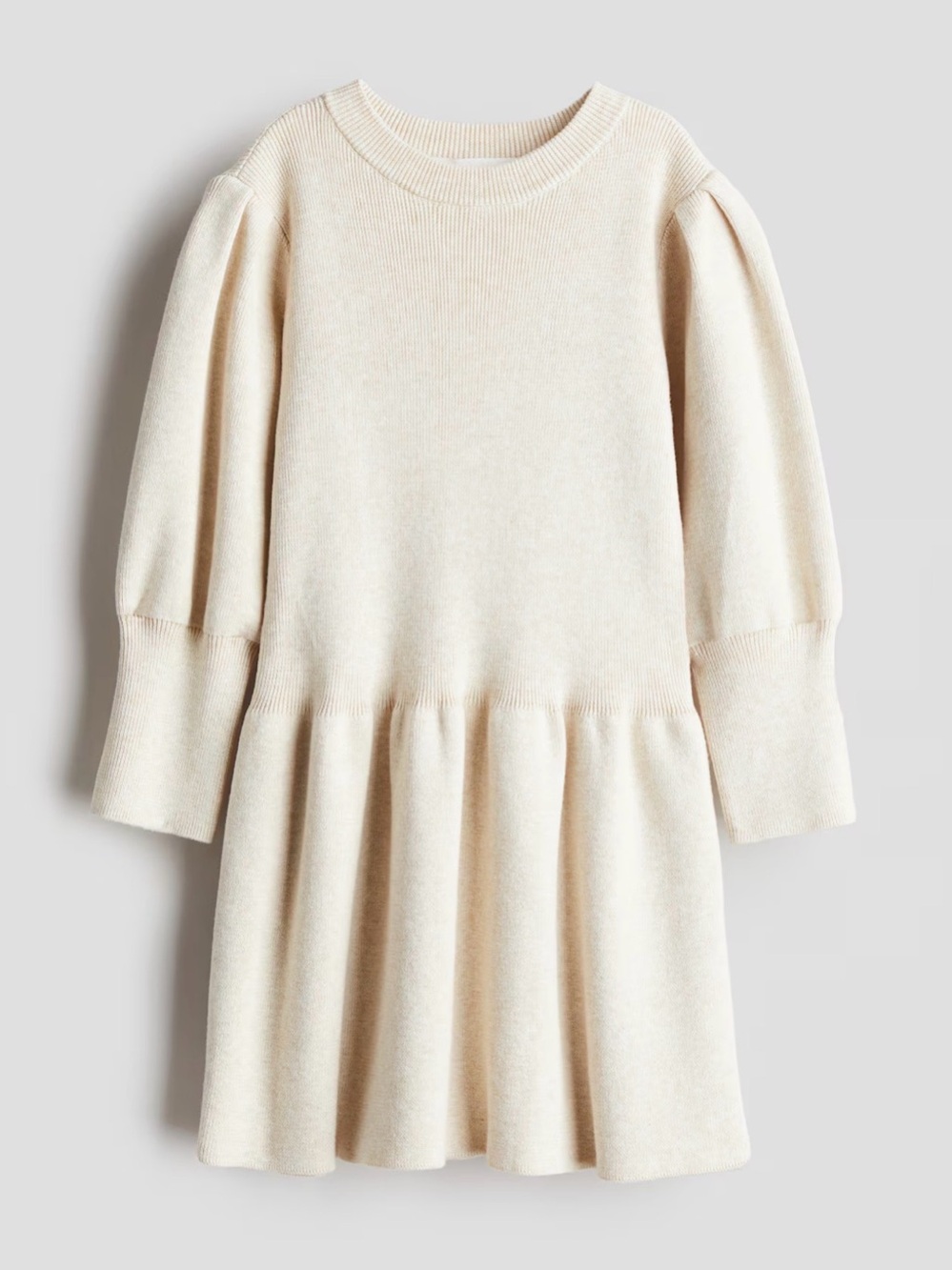 H&M Adorables Girls' Puff-Sleeve Knit Cotton Dress in Light Taupe